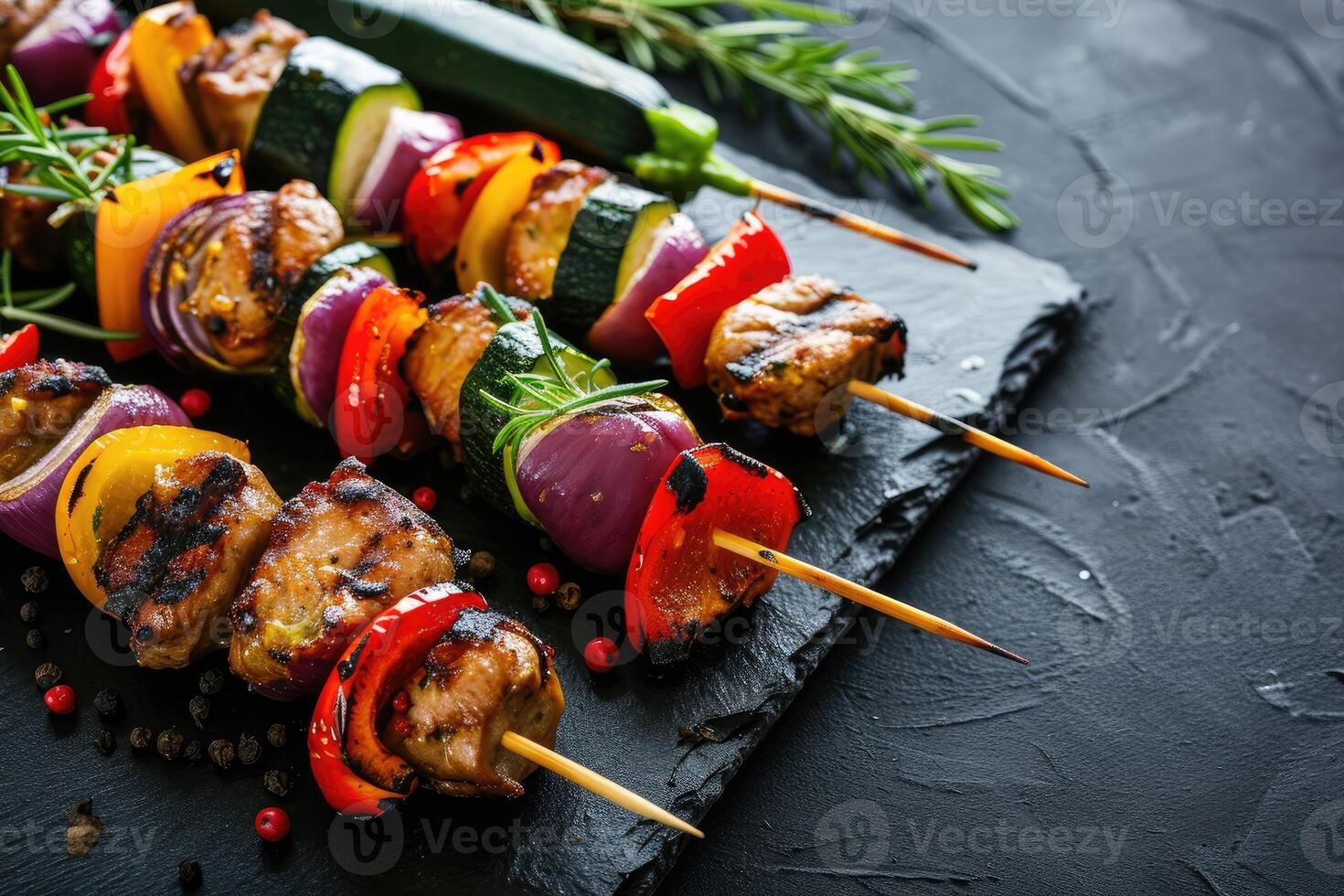 AI generated Barbecue with vegetable skewers. Healthy food background. photo