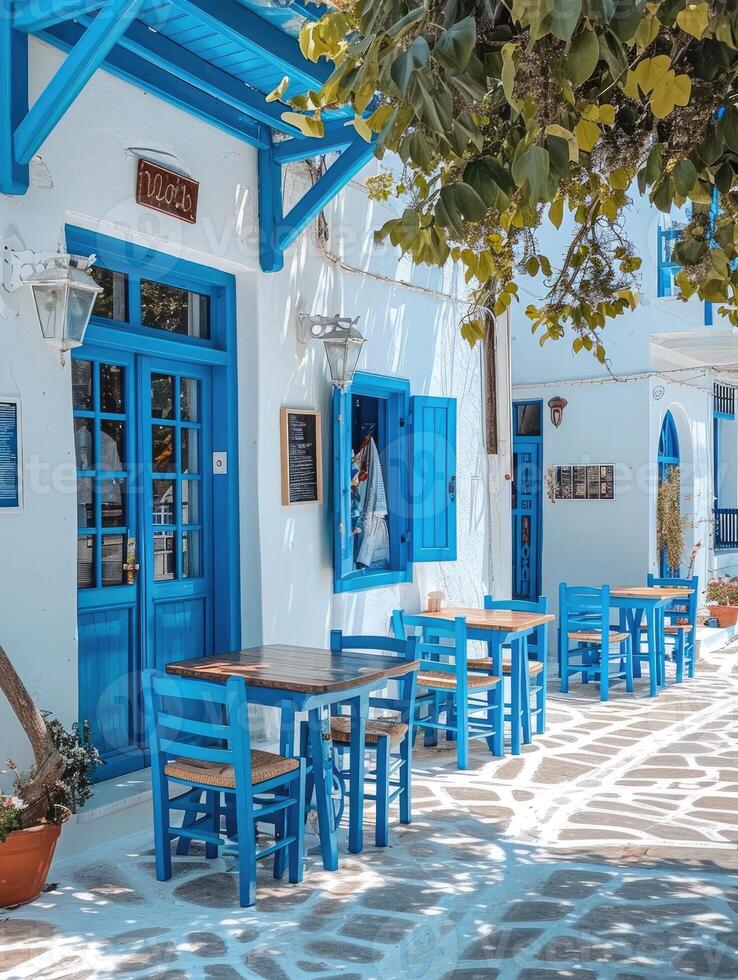 ai generado griego cultura con tradicional blanco y azul griego arquitectura, taberna foto