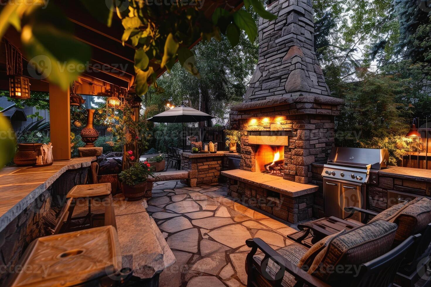 AI generated Stone gas fireplace in the garden in the outdoor kitchen photo