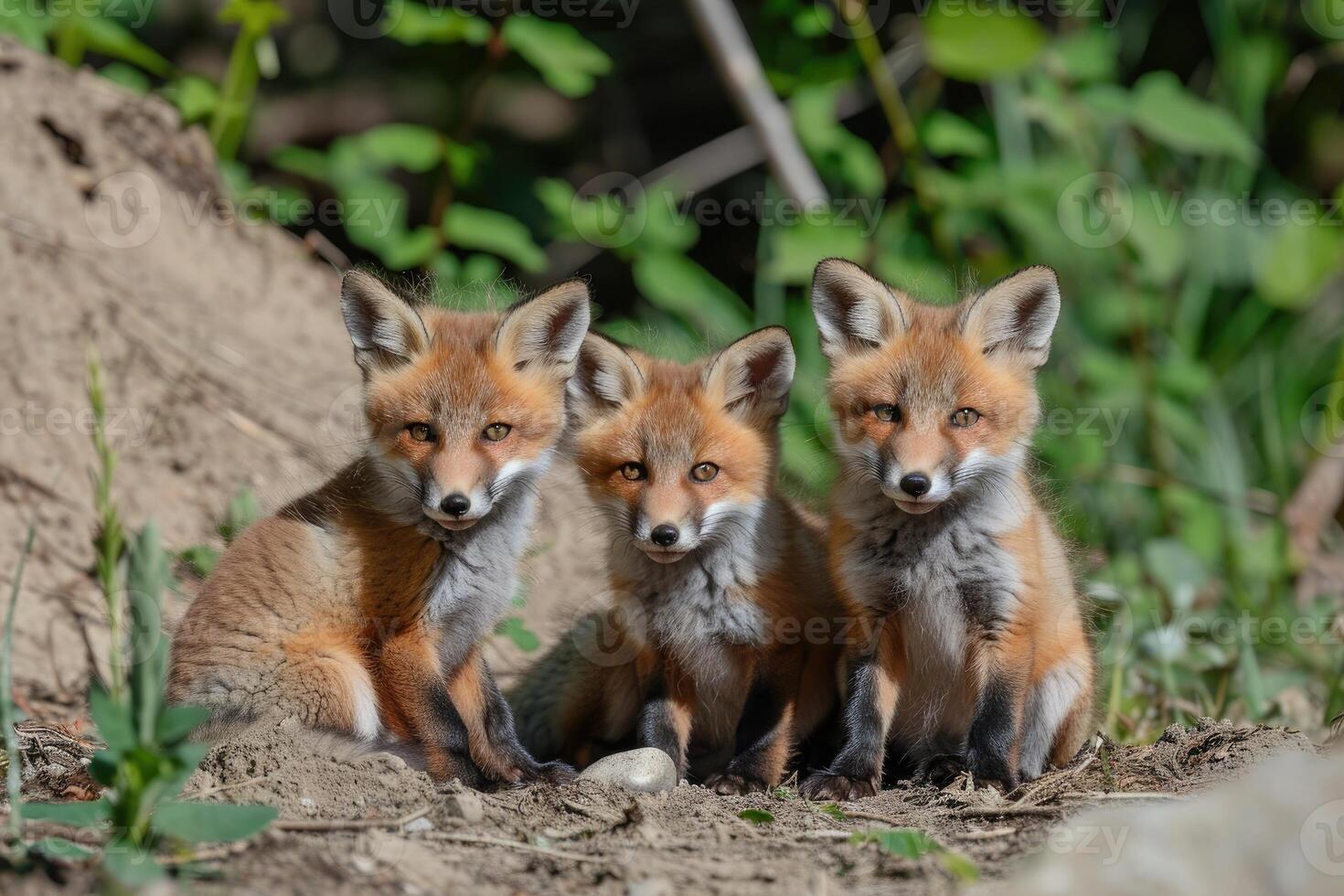 AI generated Red fox, cubs looking around near den photo