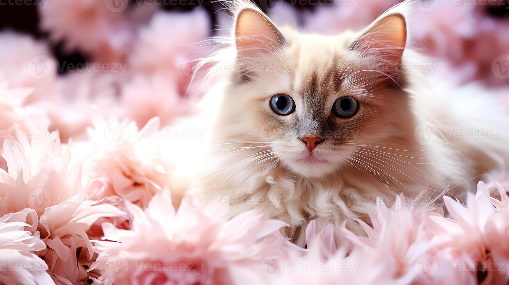 AI generated Beautiful cat with pink flowers on a dark background. photo