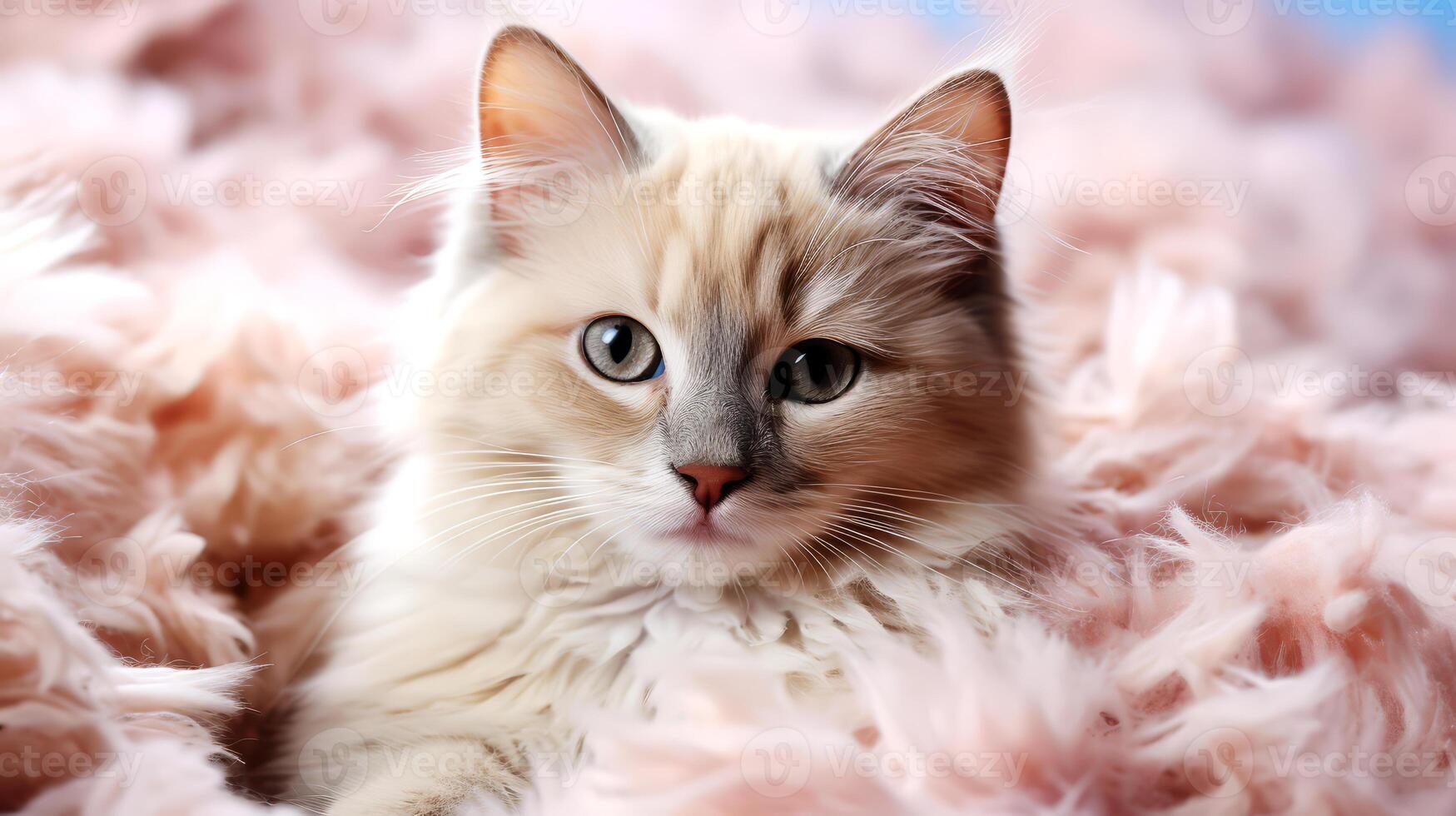 AI generated Beautiful cat lying on pink fur, closeup. photo
