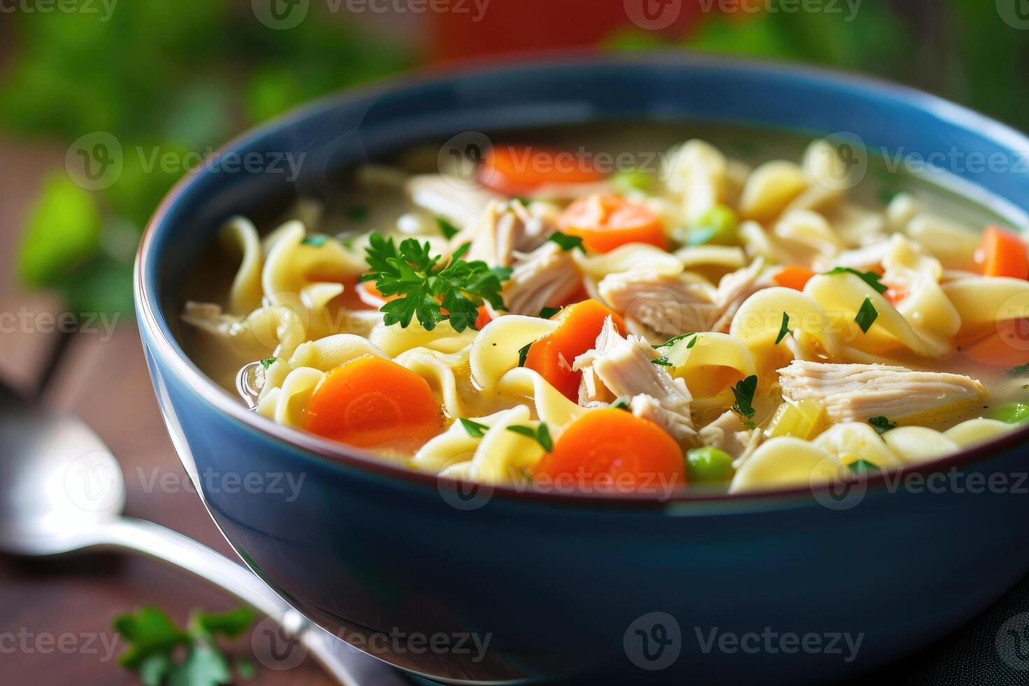 AI generated Homemade chicken noodle soup with vegetables and spices in a bowl. Healthy food concept photo