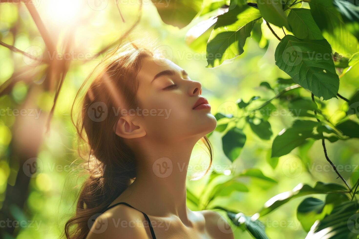 AI generated A beautiful girl enjoys nature, breathing fresh air in a summer garden on a background of green leaves. Harmony concept. photo