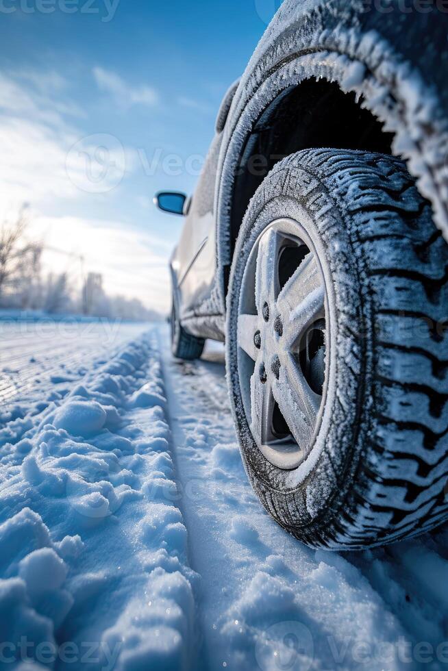 ai generado de cerca imagen de un coche llantas en el la carretera en invierno. foto