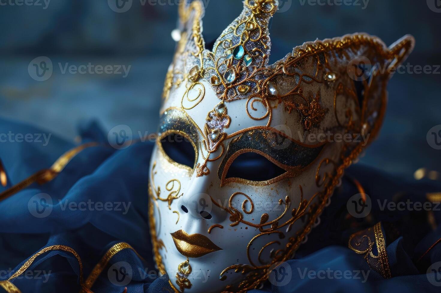 AI generated Festive Venetian carnival mask with gold decorations on dark blue background. photo