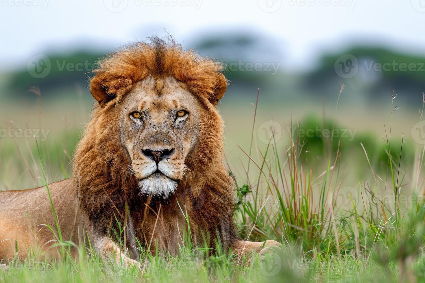 AI generated Big male African lion lying in the grass photo