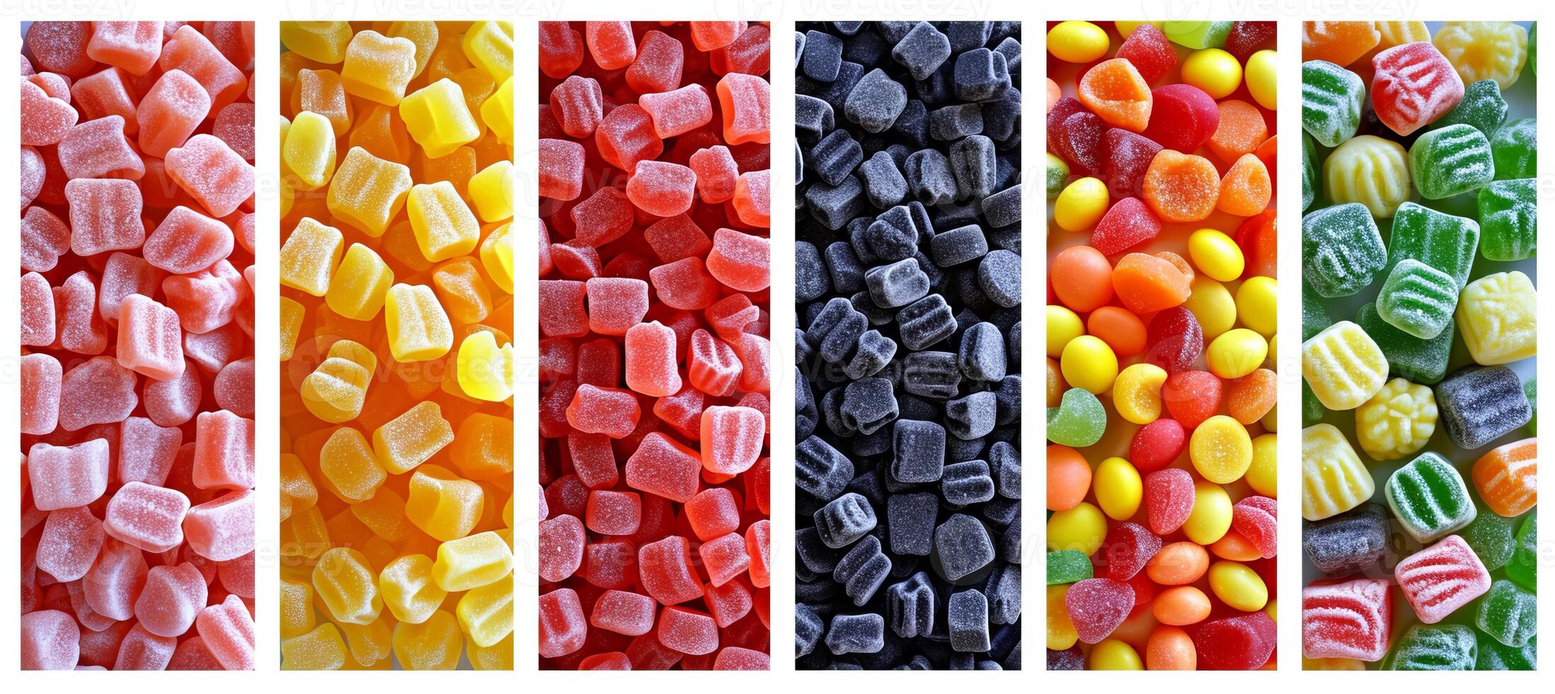 AI generated Vibrant candy product collage with white vertical lines, illuminated by bright white light photo