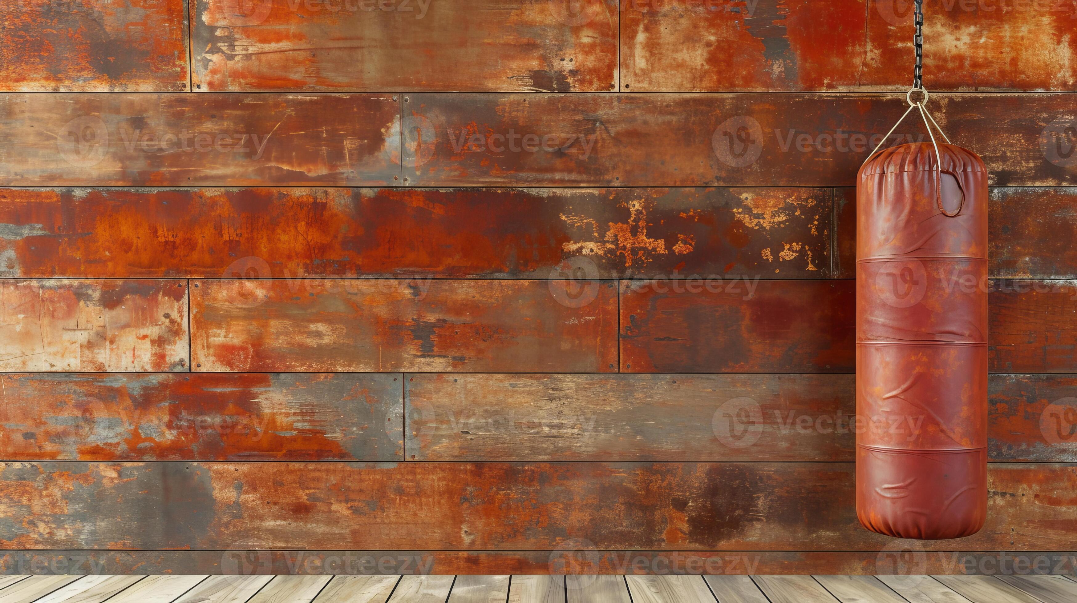 AI generated Red punching bag hanging in gym with copy space near wall for text placement and