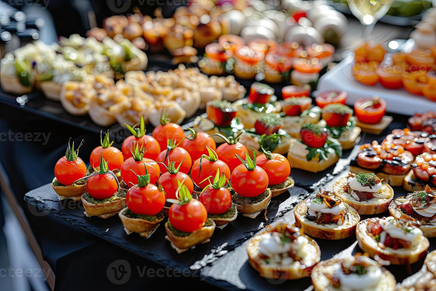 AI generated Buffet assortment of canapes. Delicious appetizers, catering food photo