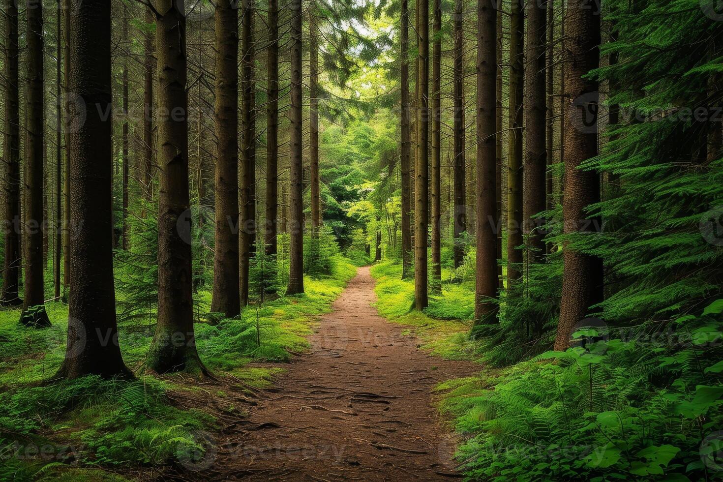 AI generated Trail through tall trees in a lush forest photo