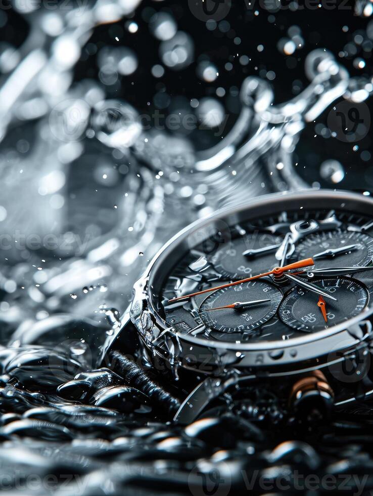 AI generated Luxury men's watch with splashing water in the background photo