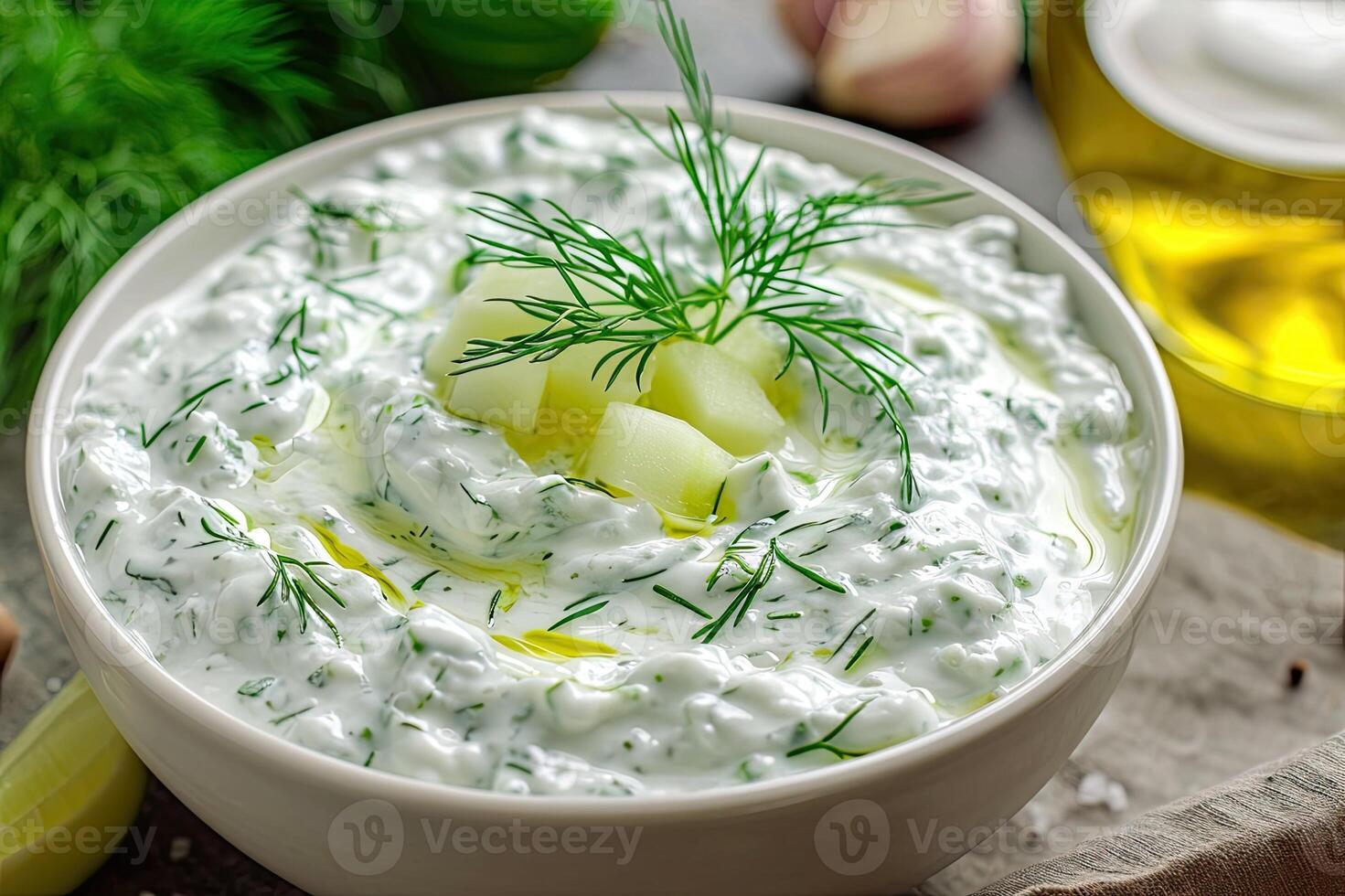 AI generated Traditional greek dip sauce or dressing tzatziki prepared with grated cucumber sour cream yogurt olive oil and fresh dill. photo