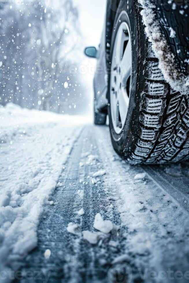 ai generado de cerca imagen de un coche llantas en el la carretera en invierno. foto