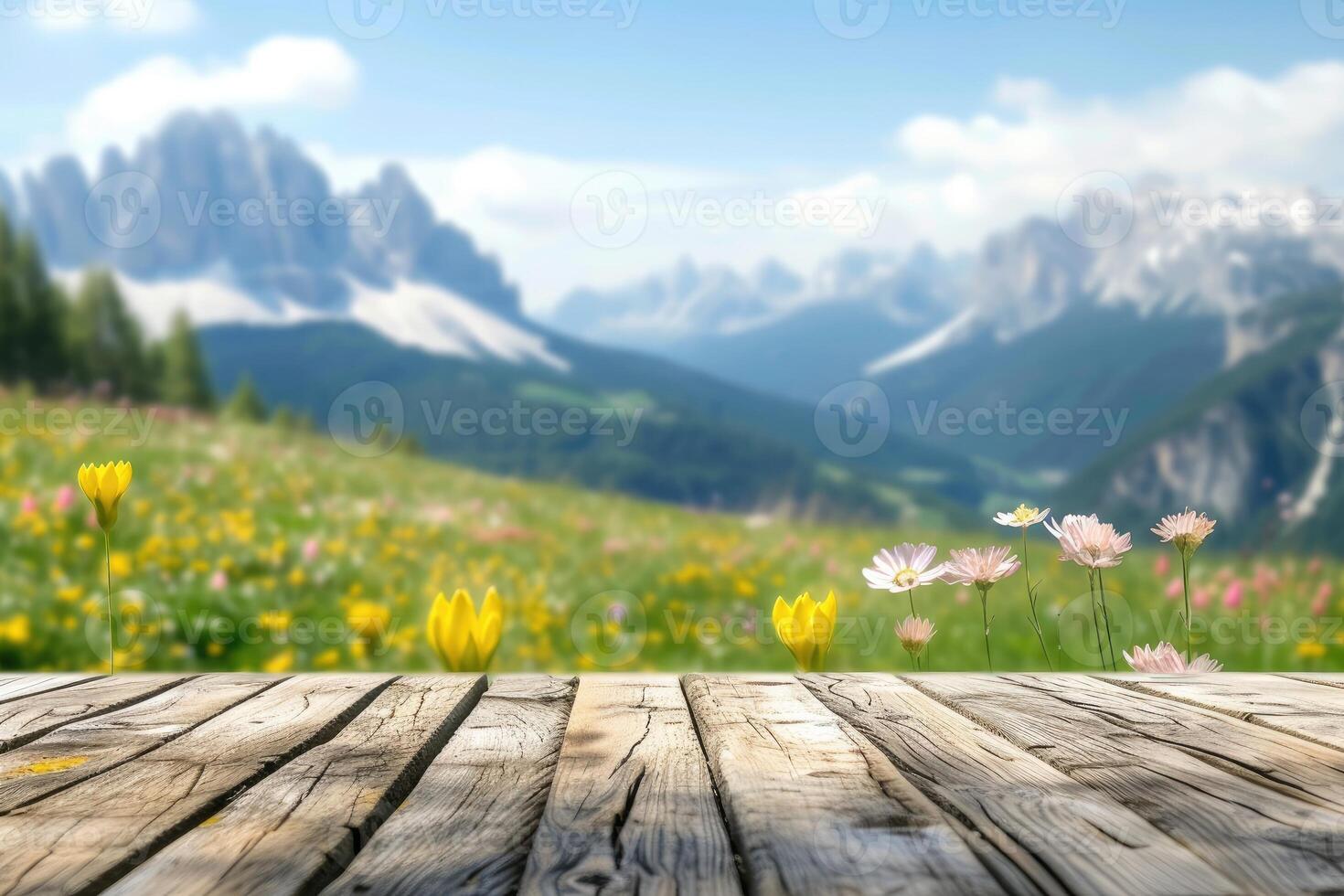 AI generated Wooden table top on blurred background of spring color landscape in dolomites - for display your products photo