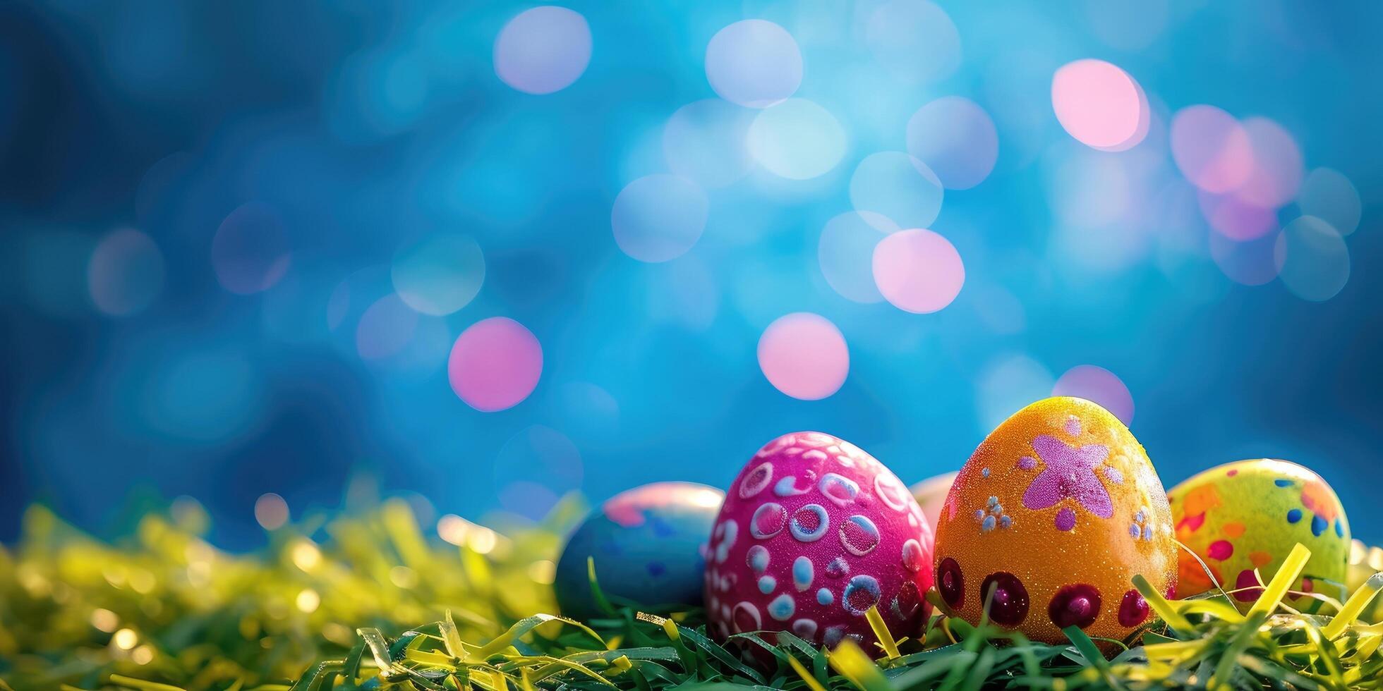 Happy Easter background with realistic Easter eggs i grass. photo