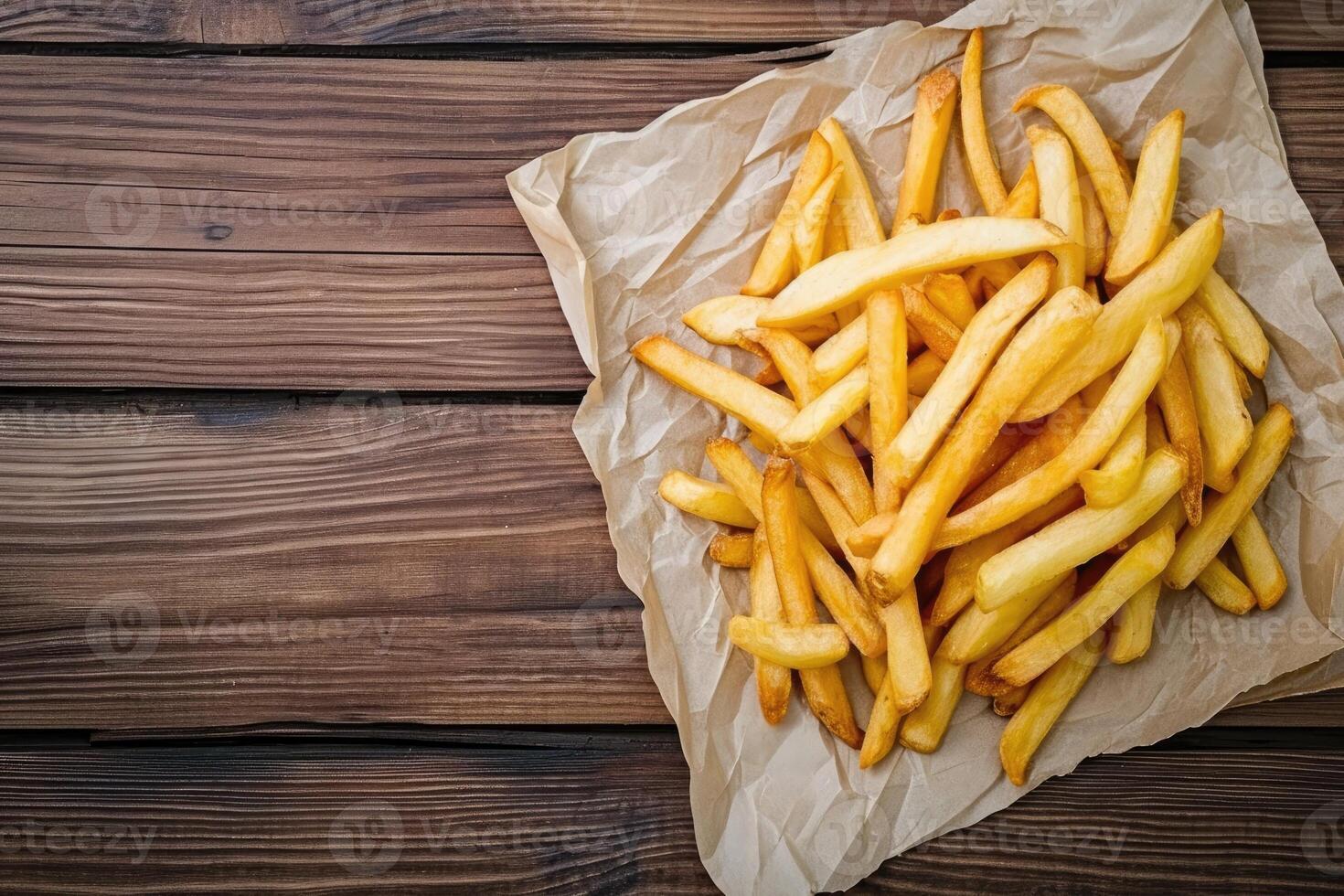 AI generated French fries on tracing paper on board on wooden table photo