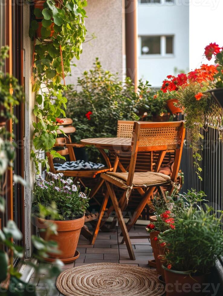 AI generated Beautiful balcony with comfortable chairs, wooden table and many potted flowers plants. Generative AI photo