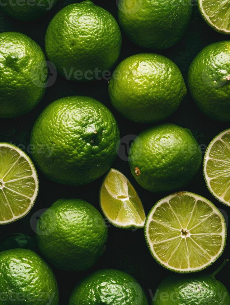 AI generated Fresh ripe green limes as background. photo