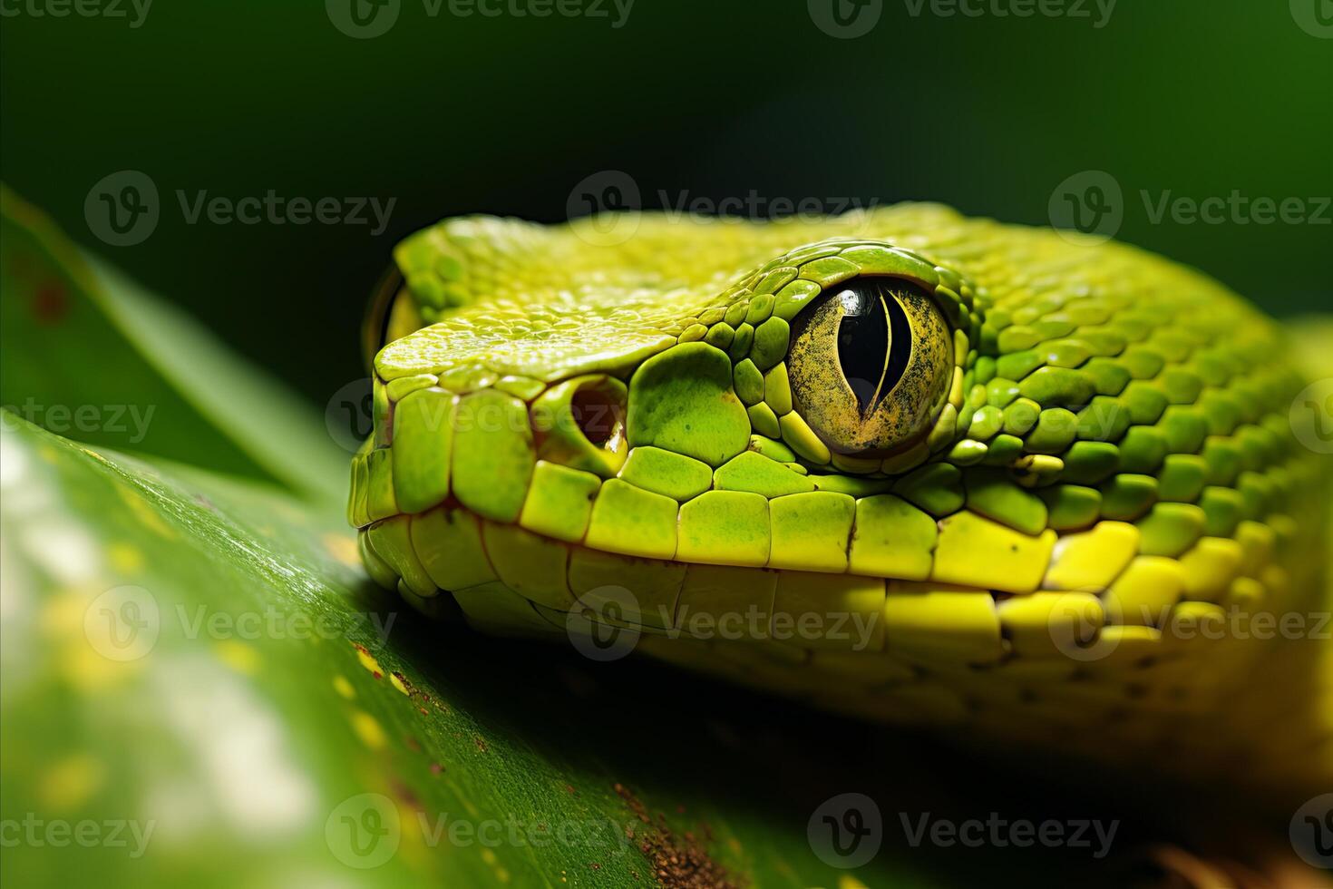 AI generated Vibrant green snake curled up on a lush jungle tree branch in a stunningly detailed macro shot photo