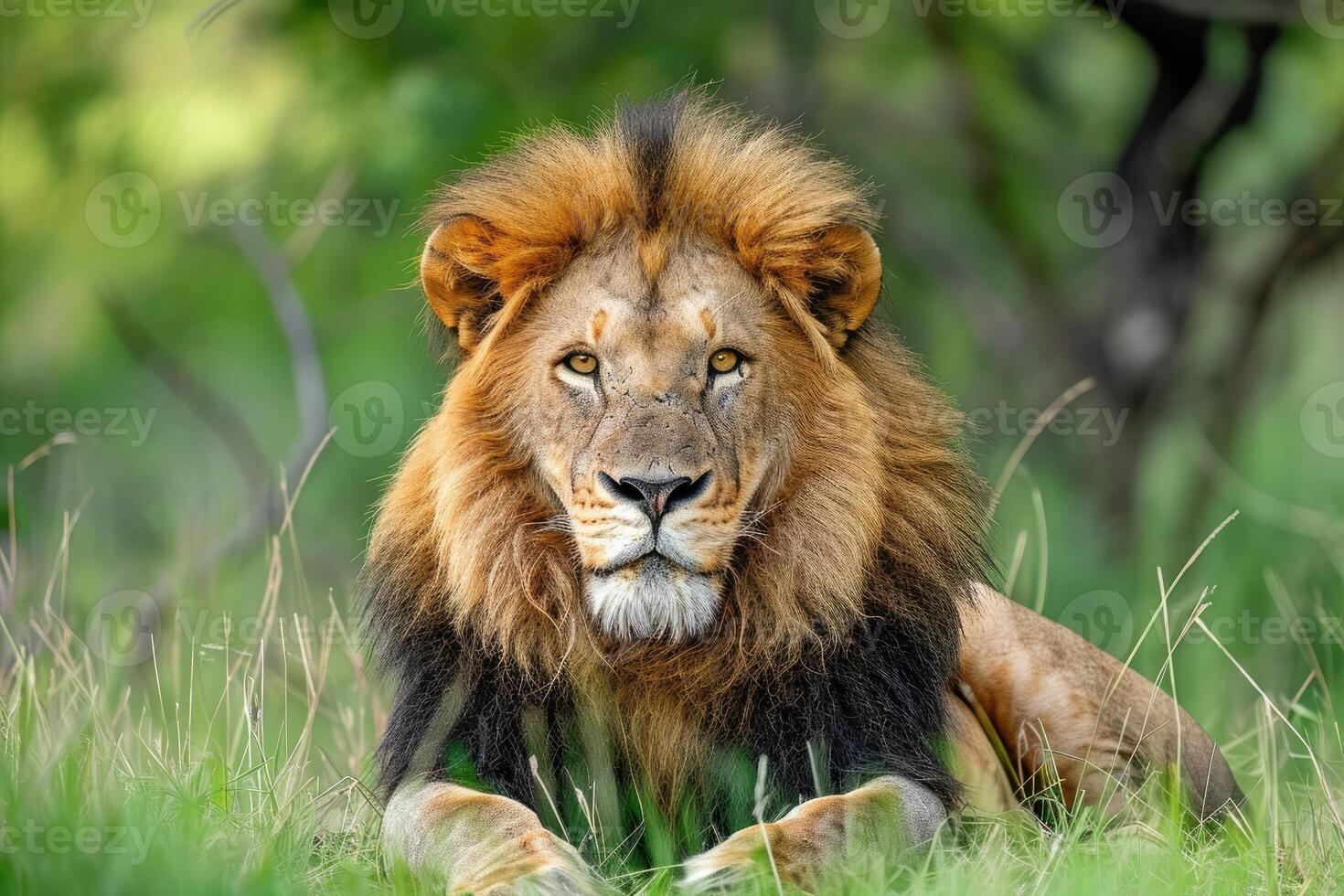 ai generado grande masculino africano león acostado en el césped foto