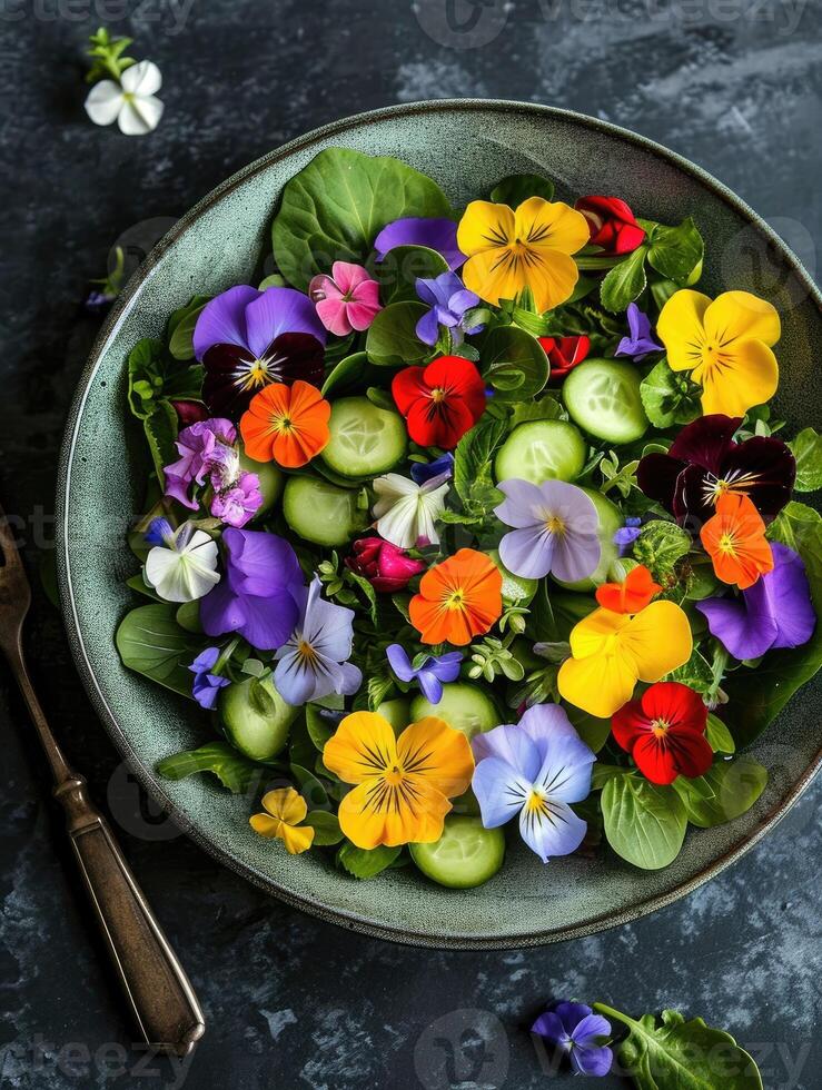 AI generated Fresh salad of spring vegetables decorated with edible flowers photo