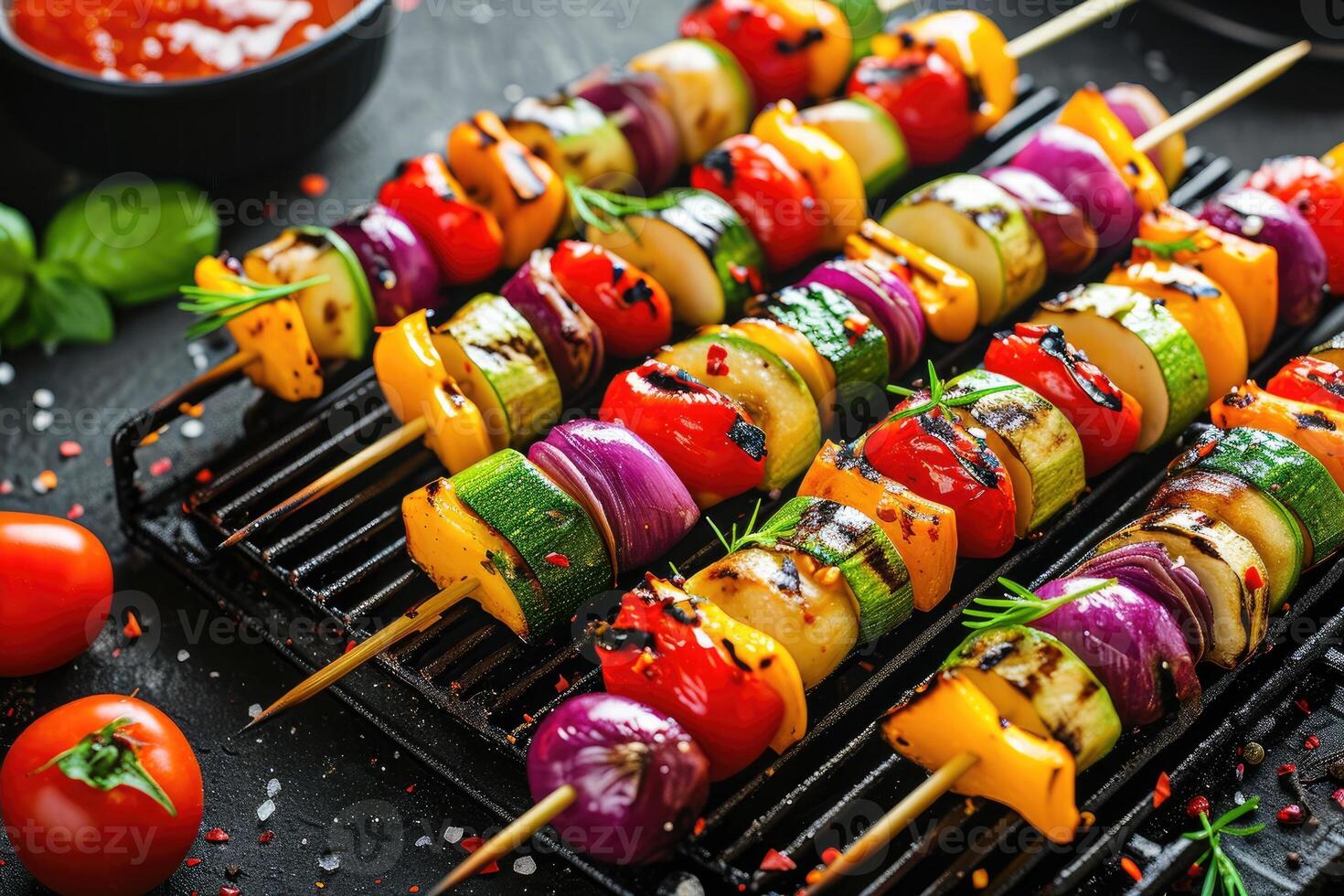 AI generated Barbecue with vegetable skewers. Healthy food background. photo