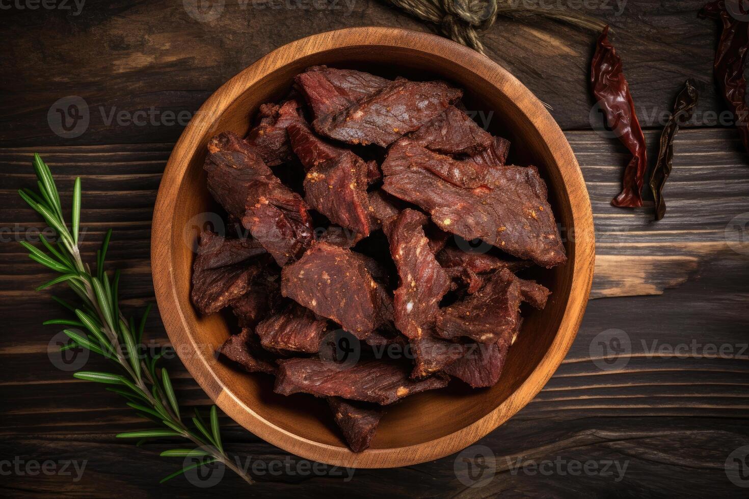 AI generated Dried peppered beef jerky in wooden bowl photo