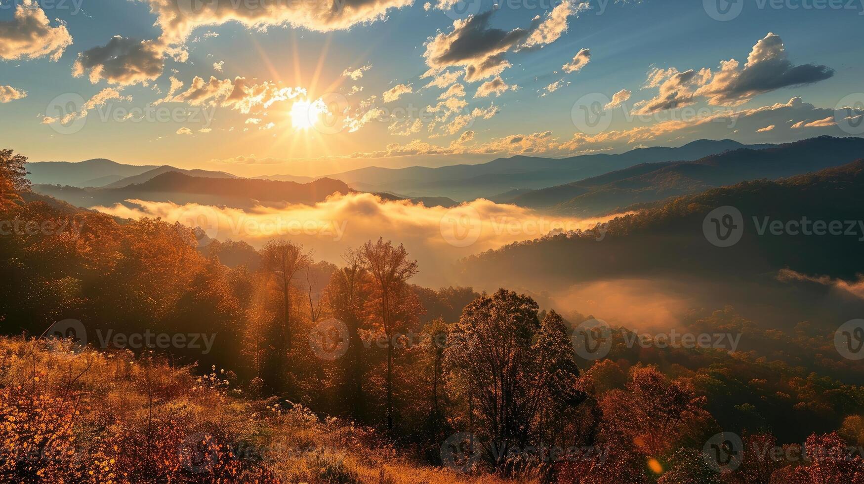 AI generated Mountain landscape with forested hills with fog in the valley at sunrise. Breathtaking natural scenery photo