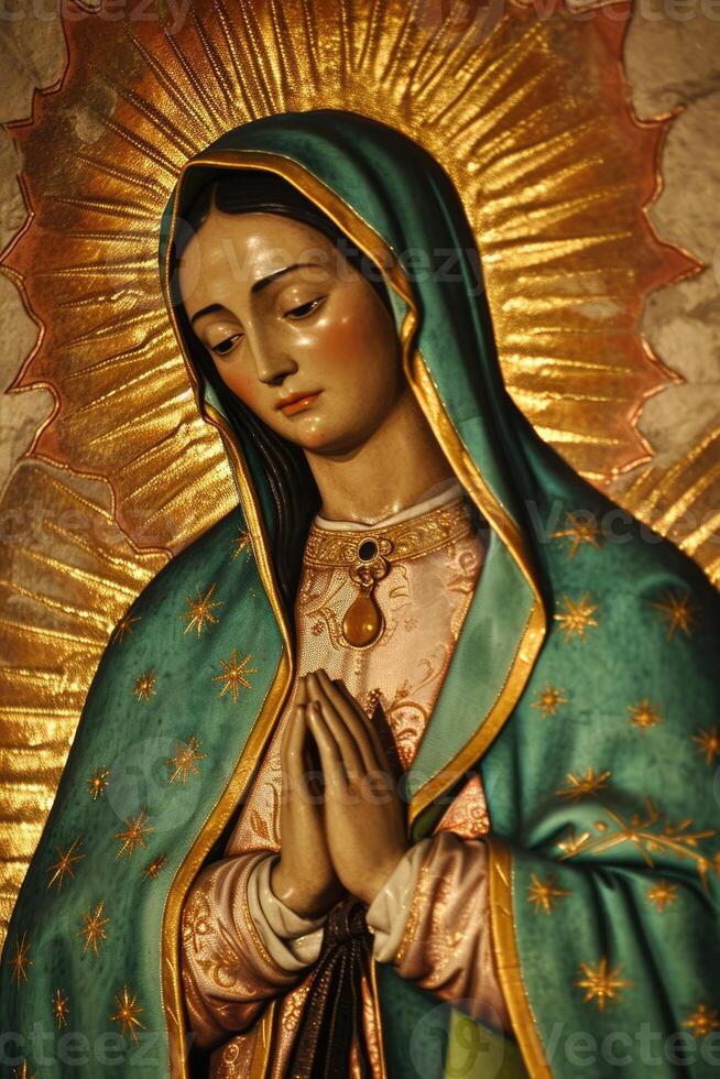 AI generated Beautiful lady of guadalupe mexico saint holy faith. photo