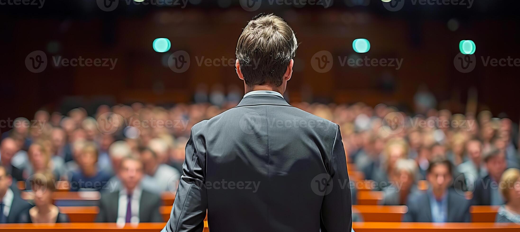 AI generated Professional speaker at business conference and presentation, rear view of audience and speaker photo