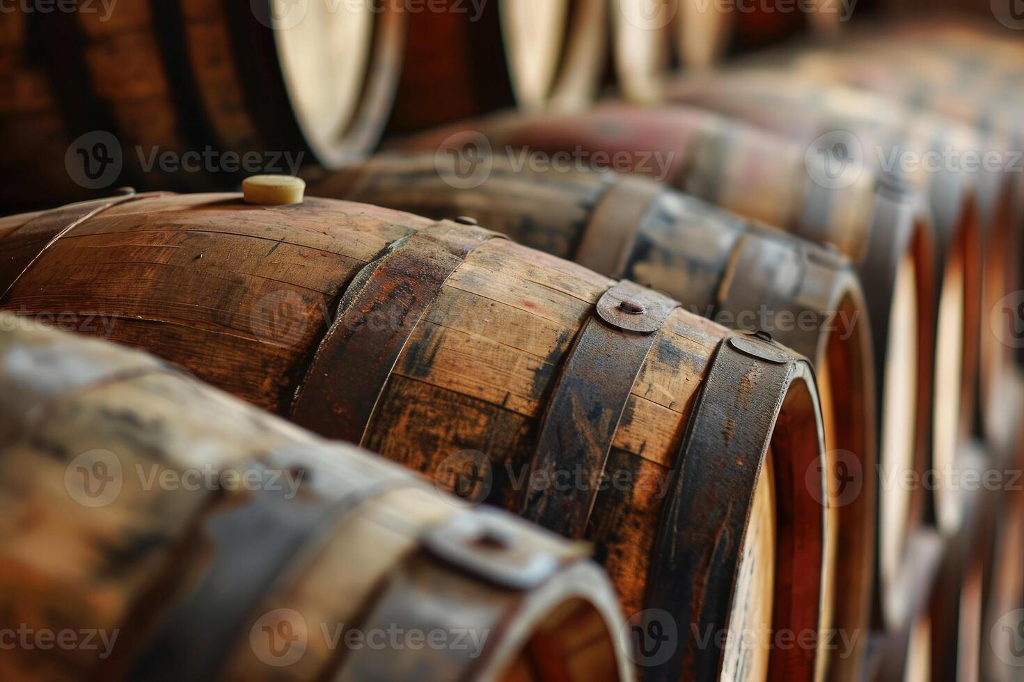 ai generado de madera roble vino barriles apilado en un fila foto