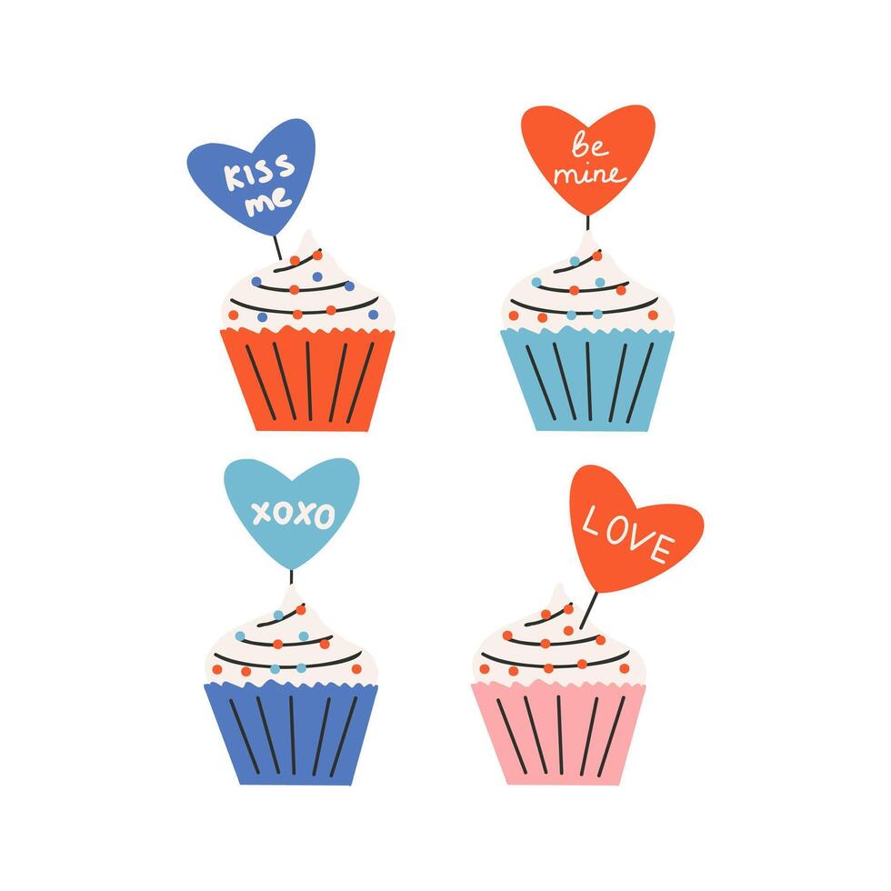 Set of cupcake with a heart and the text kiss me, love, be mine. Symbol of love, romance. Design for Valentine's Day. vector