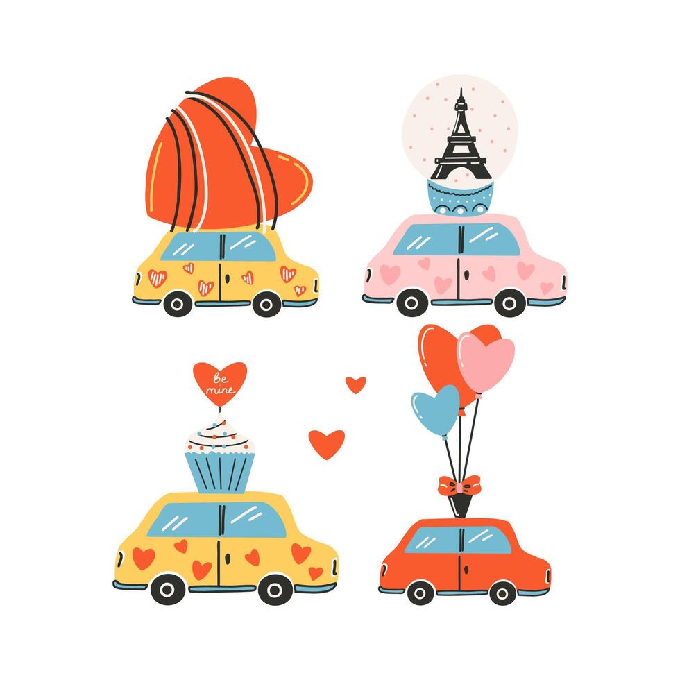 conjunto de elementos para S t. San Valentín día, coche ese lleva el corazón, eiffel torre, magdalena con un corazón, globos símbolo de amar, romance. vector