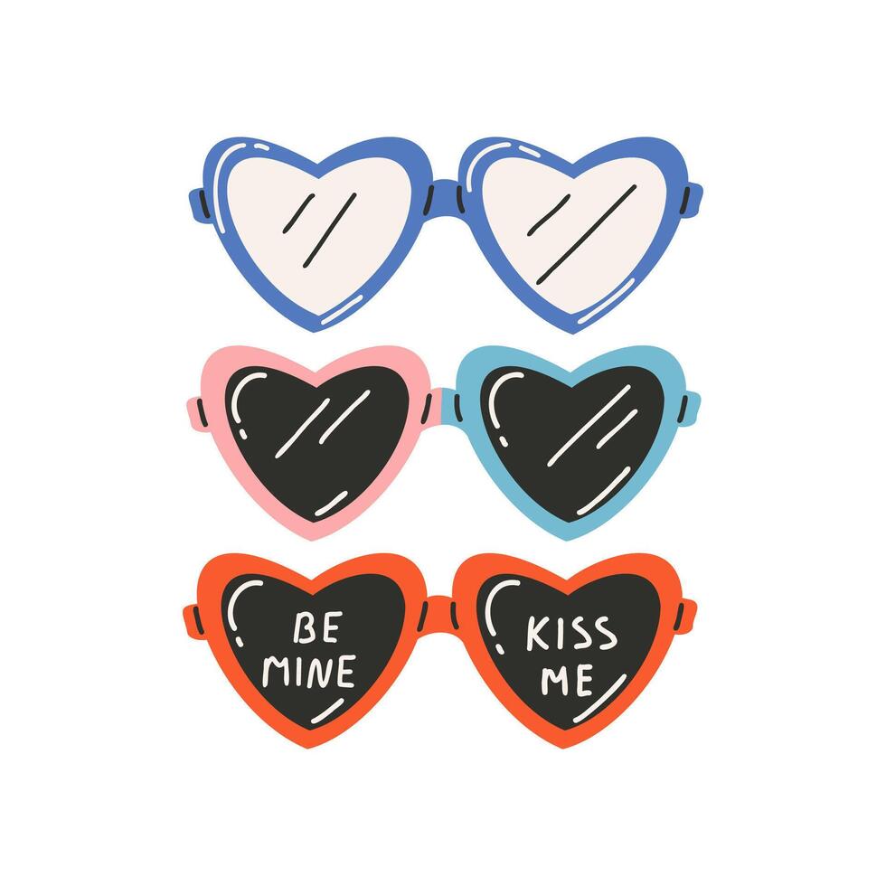 Set of glasses in the shape of a heart with the text be mine and kiss me. Symbol of love, romance. Design for Valentine's Day. vector