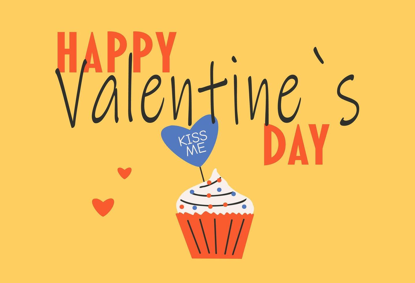Card template for Saint Valentine's day, 14 february. Hand drawn cards with cupcake, heart, text. vector