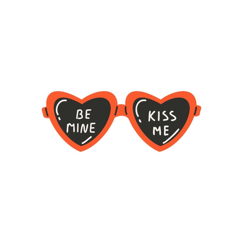 Glasses in the shape of a heart with the text be mine and kiss me. Symbol of love, romance. Design for Valentine's Day. vector