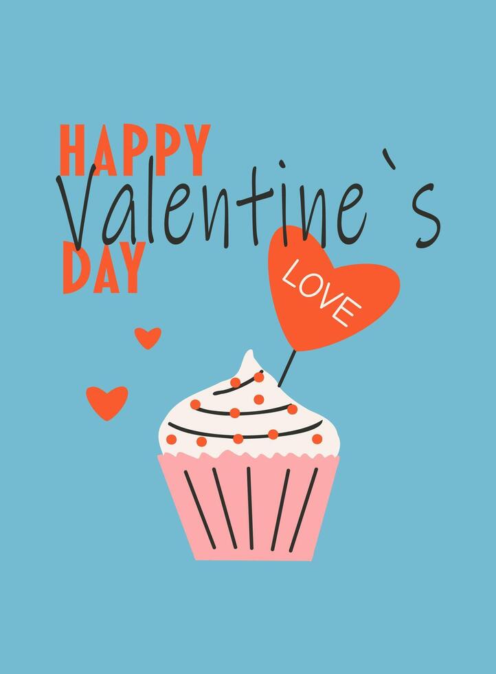 Postcard template for Saint Valentine's day, 14 february. Hand drawn cards with cupcake, heart, text. vector