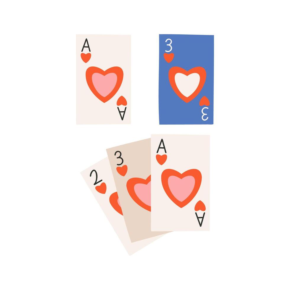 Set of elements for St. Valentine's Day, heart cards, ace, three, two. Symbol of love, romance. vector