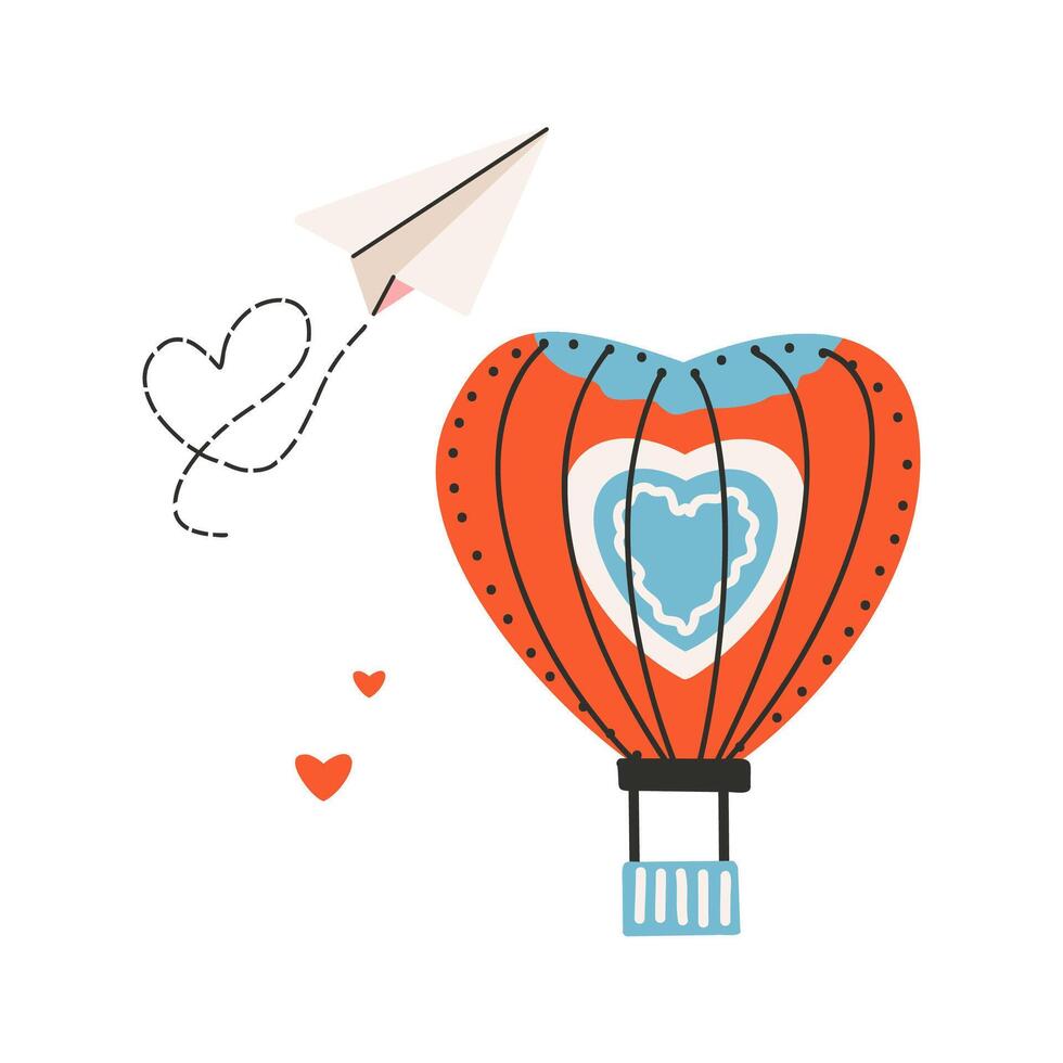 Set of elements for St. Valentine's Day, paper plane, layer of air in the shape of a heart. Symbol of love, romance. vector