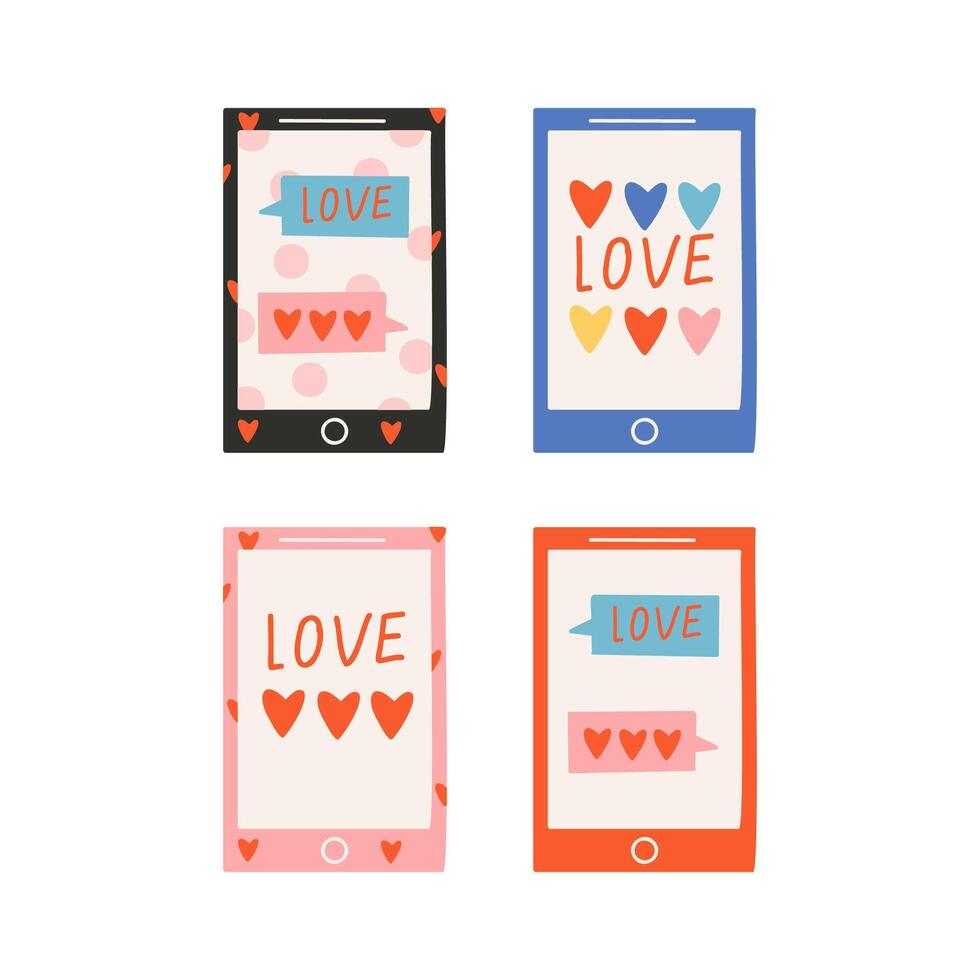 Set of elements for St. Valentine's Day, smartphone with dialog, confession of love, hearts. Symbol of love, romance. vector