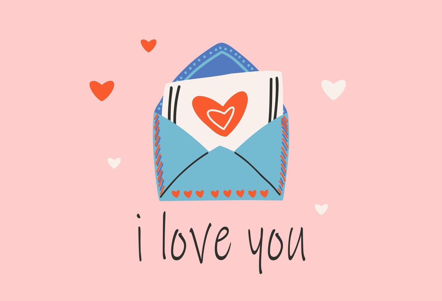 Card template for Saint Valentine's day, 14 february. Hand drawn cards with envelope, heart, text. vector