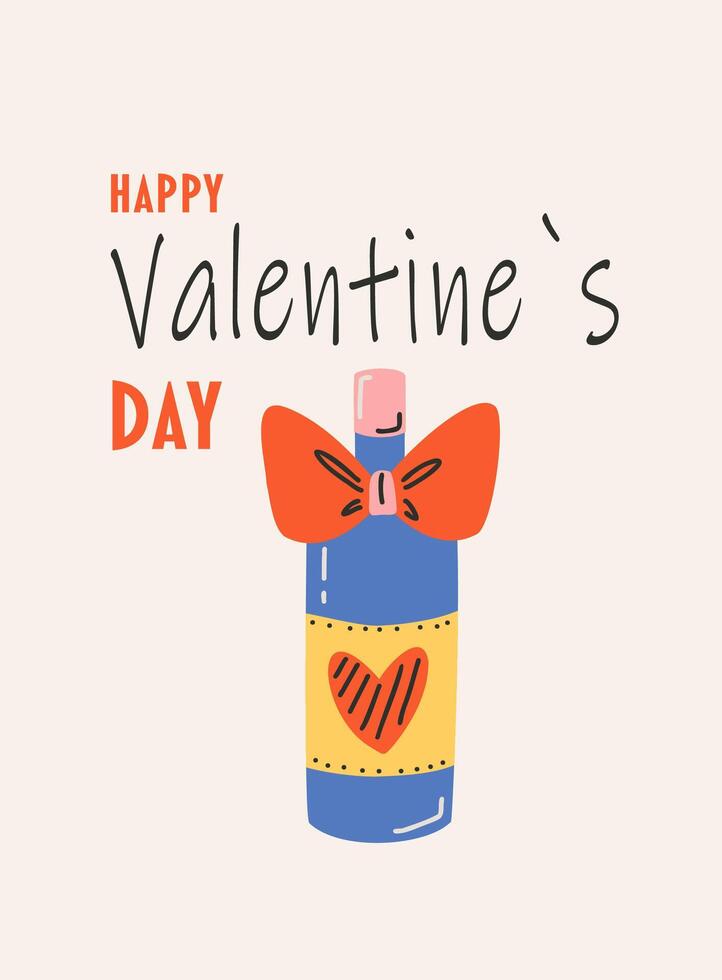tarjeta modelo para Santo San Valentín día, 14 febrero. mano dibujado tarjetas con vino, corazón, texto. vector