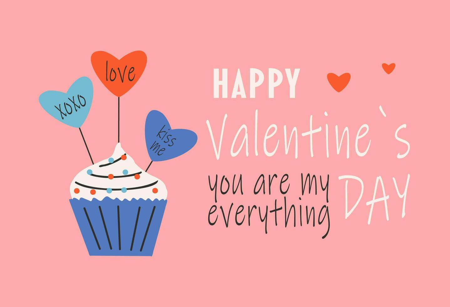 Card template for Saint Valentine's day, 14 february. Hand drawn cards with cupcake, heart, text. vector