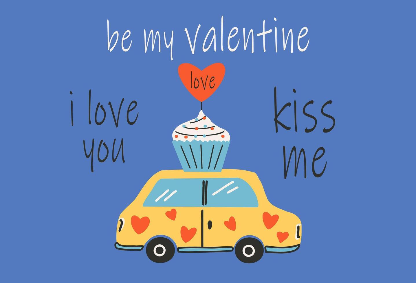 tarjeta modelo para Santo San Valentín día, 14 febrero. mano dibujado tarjetas con coche ese lleva el magdalena, corazón, texto. vector