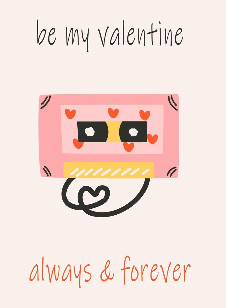 Card template for Saint Valentine's day, 14 february. Hand drawn cards with cassette, heart, text. vector