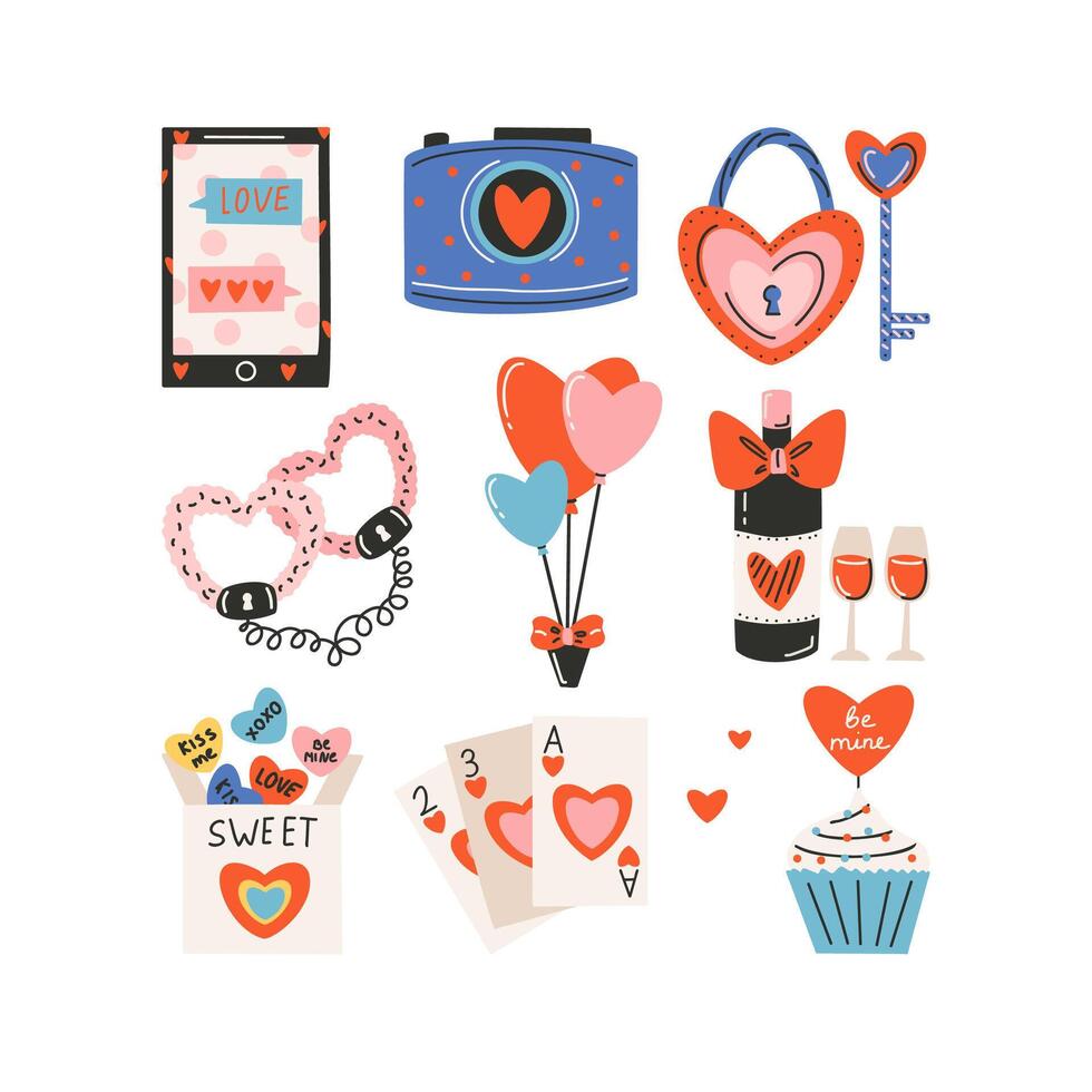 Set of elements for St. Valentine's Day, heart shaped lock and key, fluffy handcuffs, wine and glasses, candy, balloons. Symbol of love, romance. vector