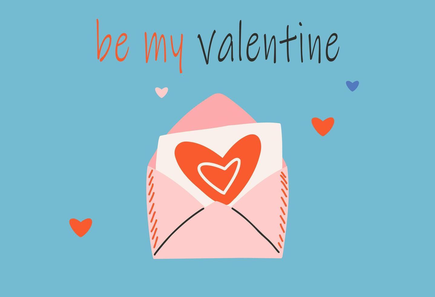 Card template for Saint Valentine's day, 14 february. Hand drawn cards with envelope, heart, text. vector