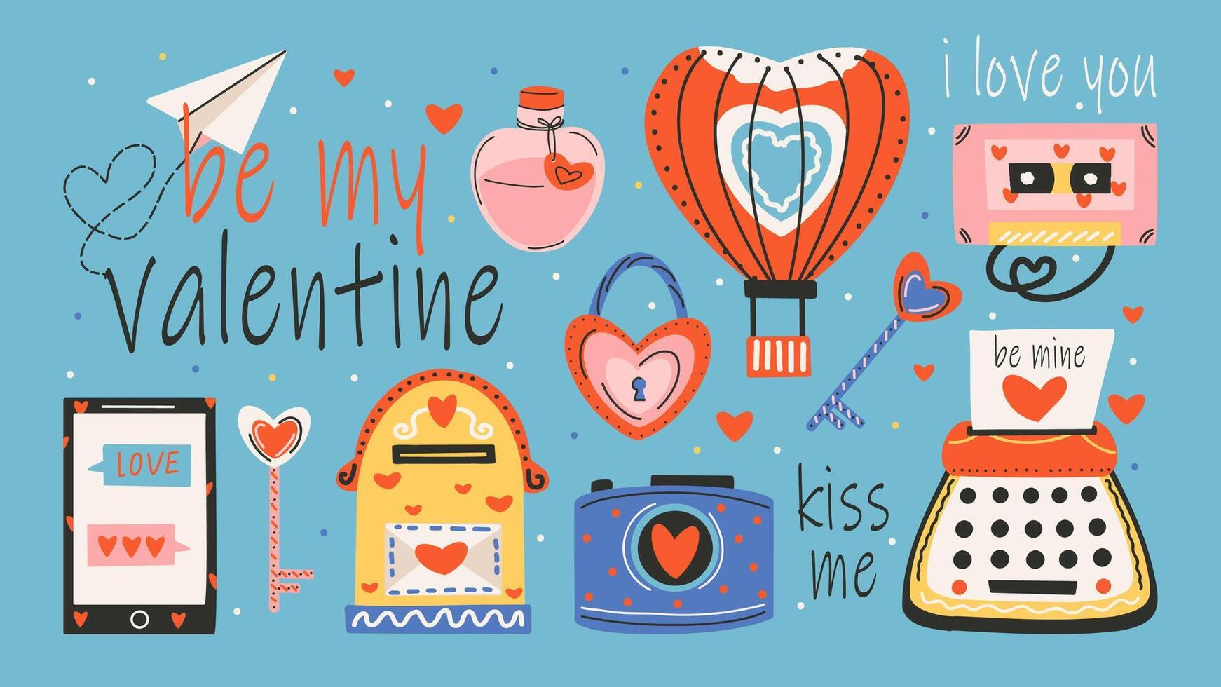 Banner for Saint Valentine's day, 14 february. Hand drawn cards with love elements, heart, text. vector