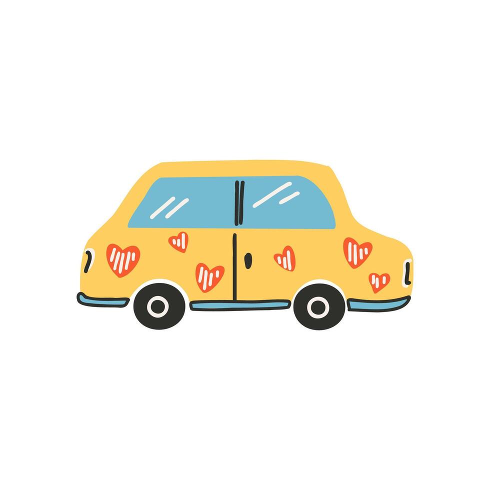 The yellow car with hearts. Symbol of love, romance. Design for Valentine's Day. vector